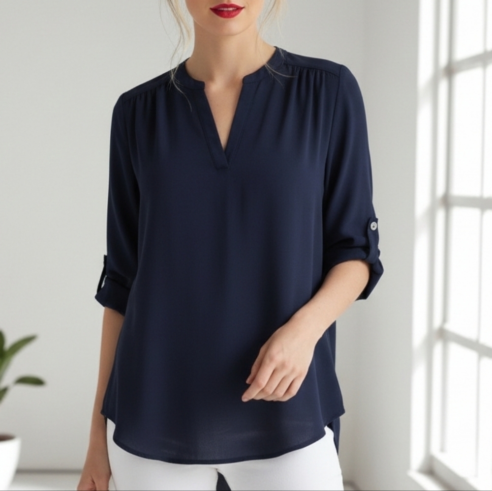 Gibson Latimer Blue Split Neck Tunic Top Roll-tab Sleeves